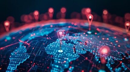 Geographic Information System (GIS): A 3D vector illustration of a digital globe with pins marking locations