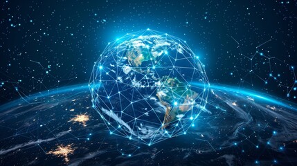 Global Connectivity: A 3D vector illustration of the Earth surrounded by interconnected lines representing communication networks
