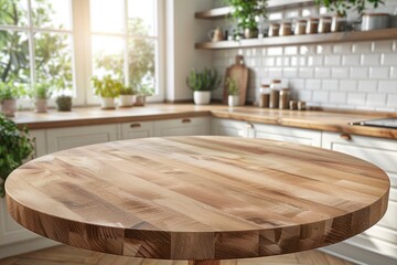 Empty beautiful round wood tabletop counter on interior in clean and bright kitchen background, Ready for display, Banner, for product montage - generative ai