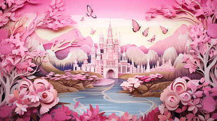 A beautiful pink castle with a blue moat and pink flowers.