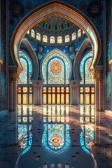 Obraz premium Ramadan Kareem background. Eid Mubarak, greeting background with inside mosque view.