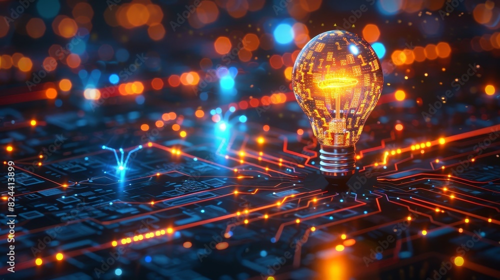 Poster technology and innovation: a 3d vector illustration of a glowing lightbulb surrounded by digital cir