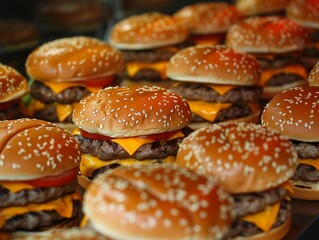 A lot of burgers with sesame seed buns and cheese.