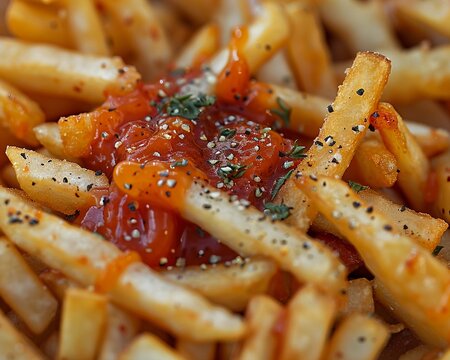 A plate of french fries with ketchup and parsley on top.