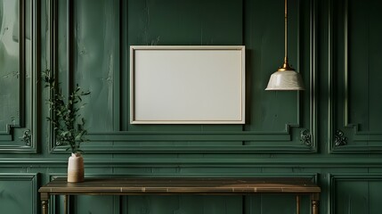 Close-up of a white, empty wooden frame displayed on an exposed metal shelf. décor made of ceramics. Decorative wall with embossed panels in a marsh color. wall of dark green. Mockup frame. 