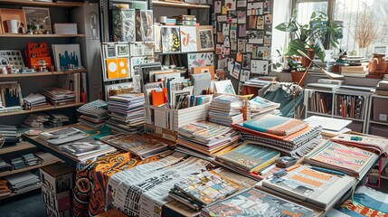 Creative Chaos - High-Angle View of Designer's Workspace with Magazines, Fabric Swatches, and Typography Samples