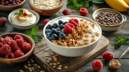 Fresh and Healthy Breakfast Table with Whole Grains, Fruits, and Yogurt