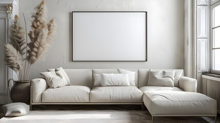 Blank horizontal poster frame mockup in a modern living room with a background of pampas grass and a beige sofa, designed in the scandinavian style. 3D rendering 