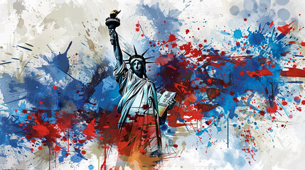 Abstract American Liberty: Statue of Liberty with Vibrant Paint Splash Background