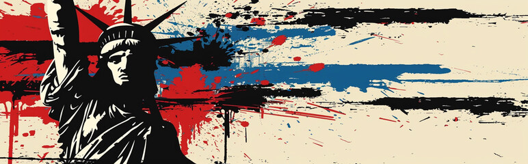 Abstract Urban Art of the Statue of Liberty with Splashes of Red, Blue, and Black Paint