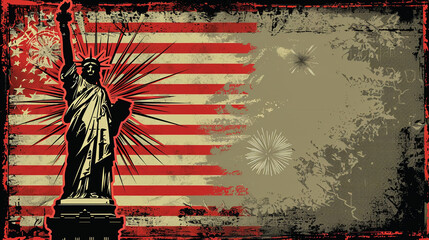 Vintage American Patriotic Artwork Featuring the Statue of Liberty With Fireworks and Grunge Effect