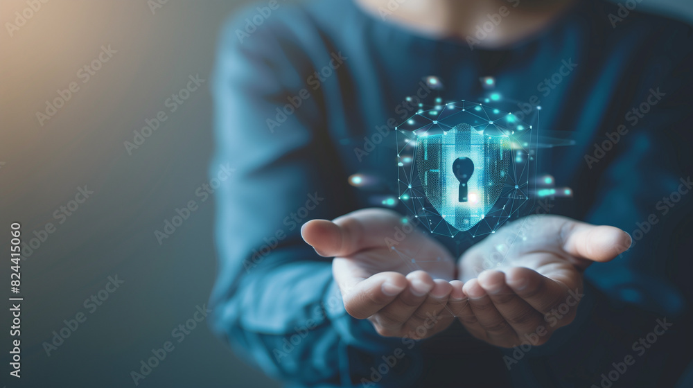 Poster a person holds a digital security shield with a lock, representing the concept of digital security a