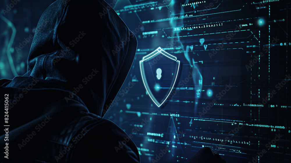 Poster a hooded figure interacts with digital interfaces featuring security shields and data lines, symboli