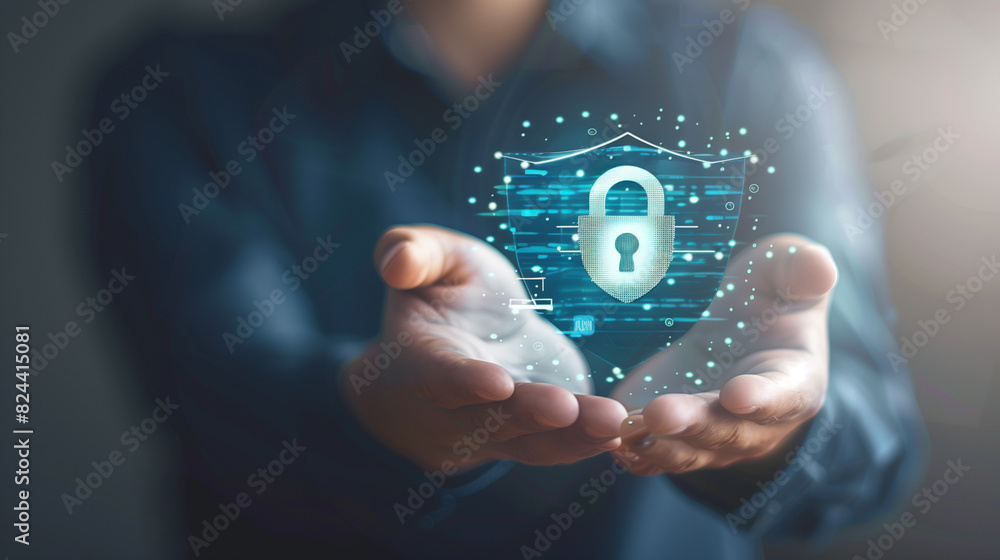 Poster a person holds a digital security shield with a lock, representing the concept of digital security a