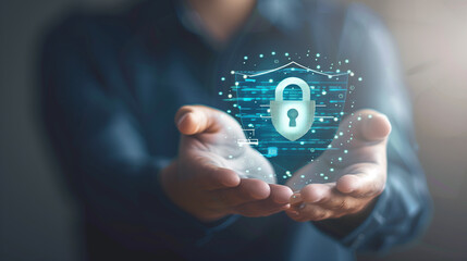 A person holds a digital security shield with a lock, representing the concept of digital security and personal data protection.