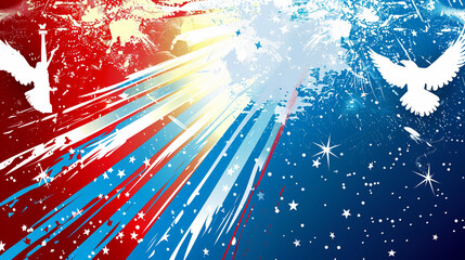 Abstract Patriotic Background with American Flag Colors and White Doves in Flight