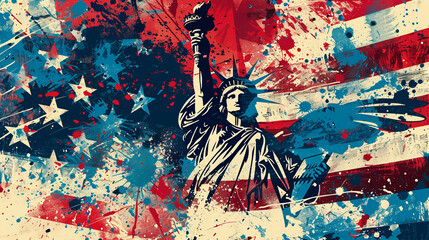 Abstract Artistic Liberty Statue with Patriotic Splashes of Red, Blue, and Stars