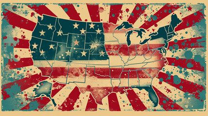 Vintage American Map with Patriotic Stars and Stripes Sunburst Design