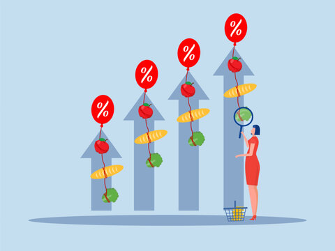 goods Inflation,woman analysis with Rising food price crisis,Prices of commodities and consumer goods rose due to rising inflation concept. vector illustration