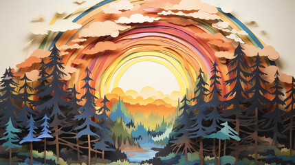 Create a papercut illustration of a rainbow over a forest