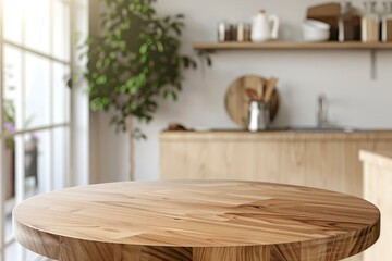 Empty beautiful round wood tabletop counter on interior in clean and bright kitchen background, Ready for display, Banner, for product montage - generative ai