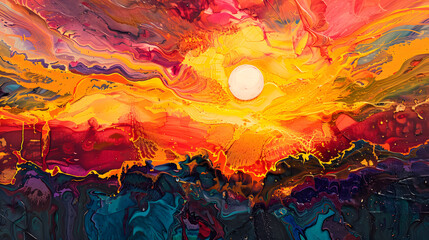 Fototapeta premium A painting of a sunset with a large yellow sun in the middle