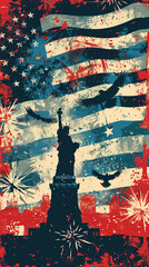 Patriotic Artwork of Statue of Liberty with American Flag, Eagles, and Fireworks