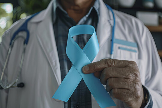 Doctor with blue ribbon for Prostate Cancer Awareness month