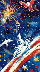 Patriotic Celebration with Fireworks and Statue of Liberty in Starry Sky