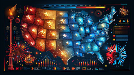 USA Electoral Map with Fireworks and Infographics Highlighting State-by-State Voting Patterns