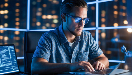 Portrait of a computer programmer writing code on a laptop surrounded by blue and purple colored...