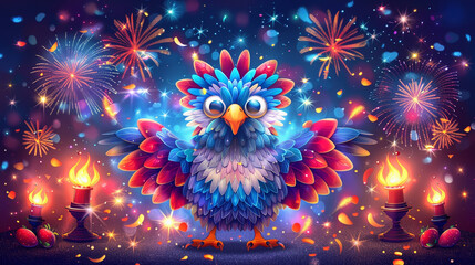 Colorful Festive Bird with Fireworks Display and Decorative Lights in Celebration