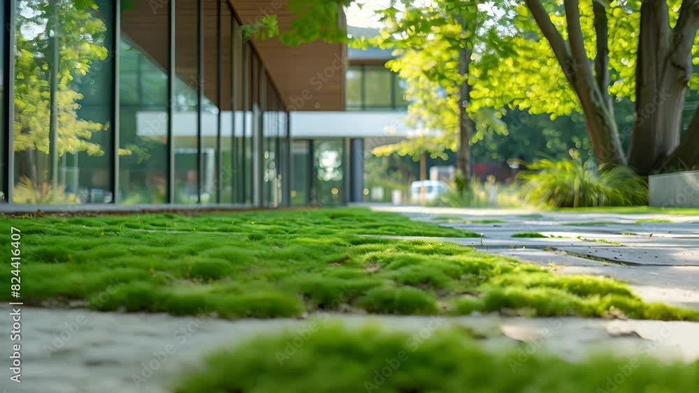 Poster a school campus filled with green spaces and natural elements designed to promote a healthy and stim