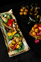 Grilled Vegetables Delicacy: Culinary Art in a Stylish Plate on Modern Dark Background