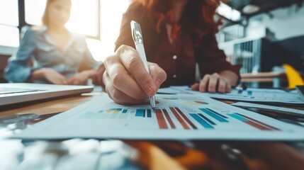 A detailed close-up of a business team analyzing charts and data during a collaborative meeting