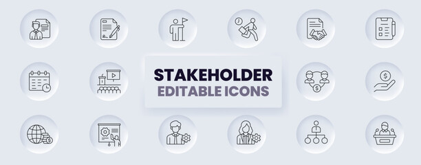 Stakeholder editable stroke icons set. Business, teamwork, invester, suppliers, government, customers, creditors, community, investors and partners. Editable outline icon collection