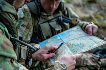 Military personnel planning route with map and GPS