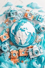 Fototapeta premium Vector paper cut illustration of a globe surrounded by cameras and photographs, all in pastel tones, celebrating World Photography Day and the beauty of global imagery