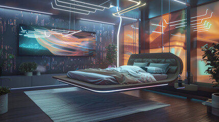 Modern bedroom with a floating sleep pod, AI-controlled environment settings, and walls that...