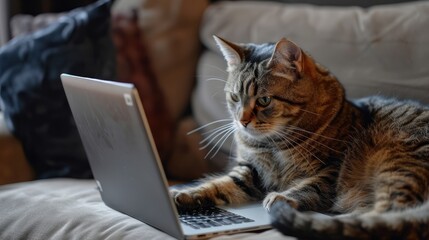 The chubby tabby cat is focused on the laptop, its fluffy tail swishing from side to side as it works diligently