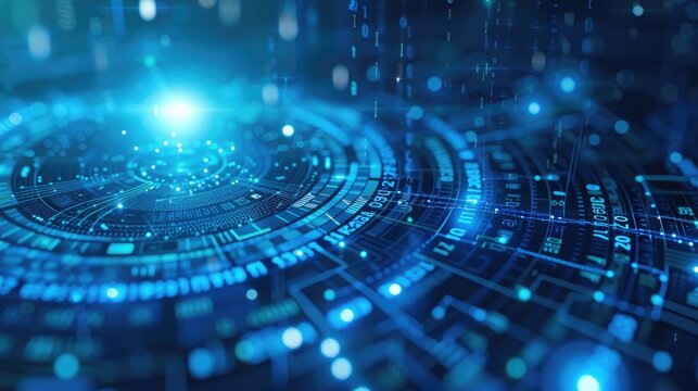 The digital transformation concept is represented by a blue background in a technology circle