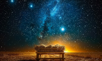 Starry Night Over an Old Wooden Cradle with Hay in a Field, Tranquil Night Scene Under the Milky Way, Nostalgic and Serene Setting, Nature and Time-Lapse