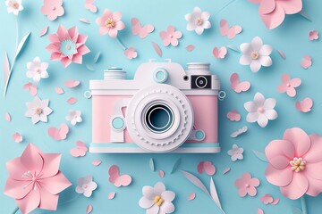 Vector paper cut illustration celebrating World Photography Day, featuring a pastel-toned camera surrounded by delicate flowers and hearts, highlighting the beauty of capturing moments