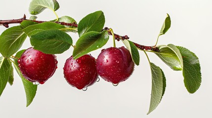 Three ripe, red plums with water droplets hang from a branch with green leaves against a white background.