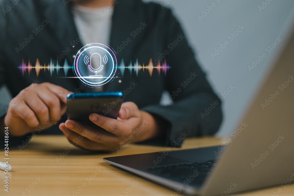 Leinwandbilder businessman voice recording the conversation via smartphone with customers, telemarketing, consultin