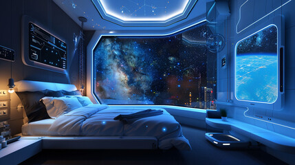 Sci-Fi bedroom with a panoramic window displaying a starry night, interactive smart walls, and a...