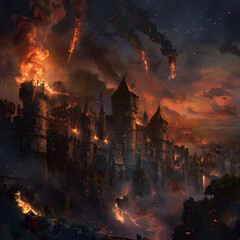Medieval Castle Under Siege: A Fierce Attack Unfolds Amidst Fiery Destruction and Brave Defense