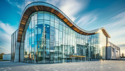 A large building with a curved roof and lots of glass windows by AI generated image - Powered by Adobe