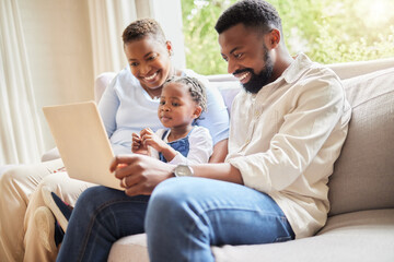 Laptop, parents and child on couch for streaming, entertainment and educational programs in living room. Happy family, computer and development on sofa with video, internet and support or bonding
