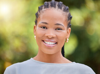 Happy, black woman and portrait with braids in nature for summer or eco friendly environment at...